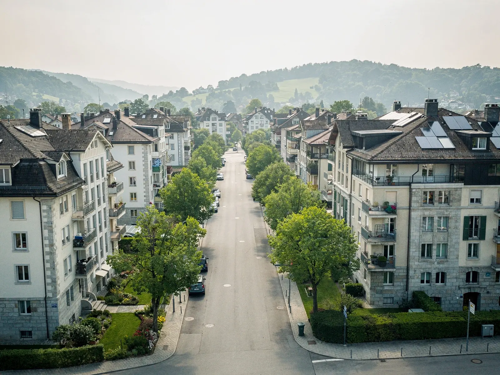 Solider Schweizer Wohnbestand an einer baumbestandenen Strasse mit Photovoltaik auf den Dächern