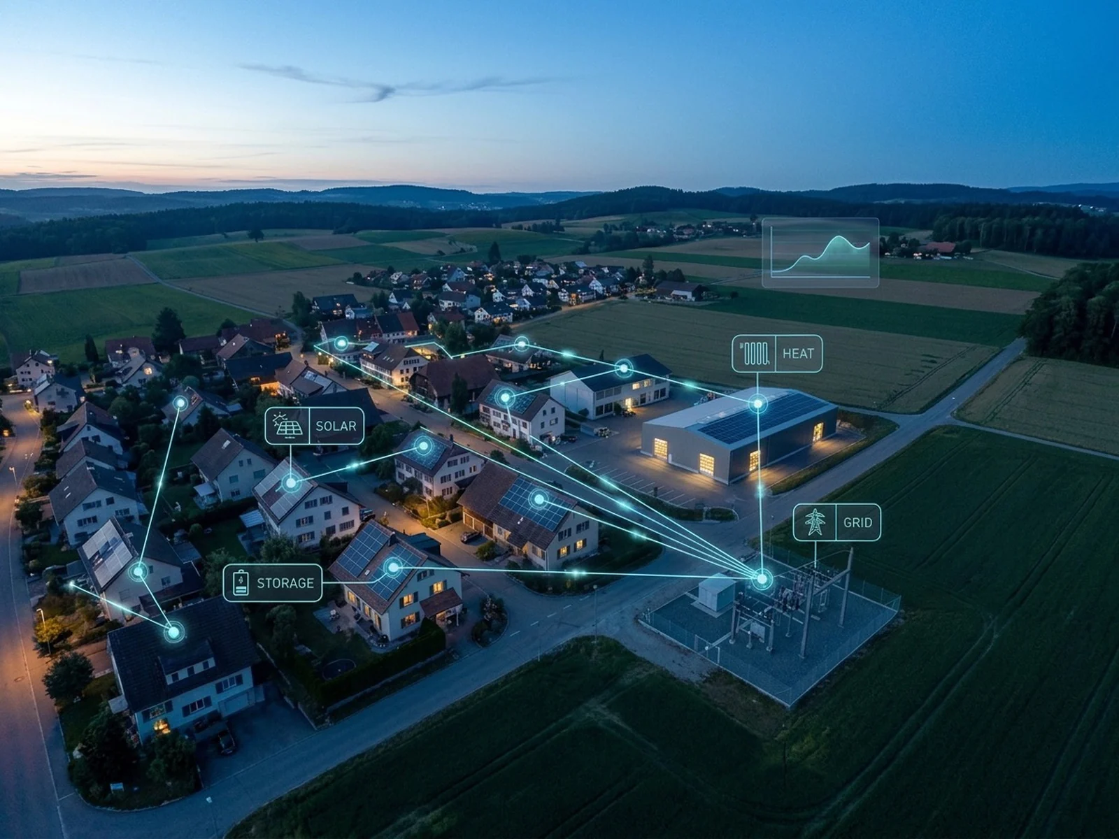 Luftaufnahme eines Schweizer Dorfes in der Dämmerung, überlagert von einem Netzdiagramm, das Photovoltaikdächer, Speicher, Wärme und Unterwerk verbindet
