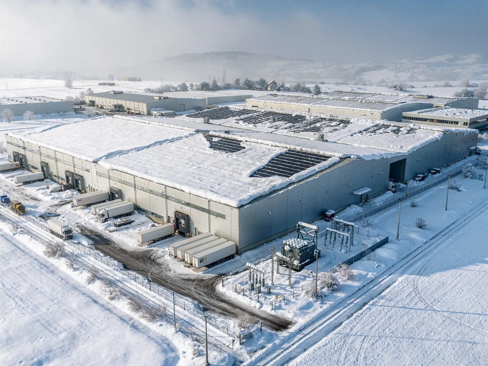 Luftaufnahme eines Schweizer Industrieareals mit grossflächiger Photovoltaik auf den Hallendächern und einem Unterwerk am Rand des Geländes, im Winter