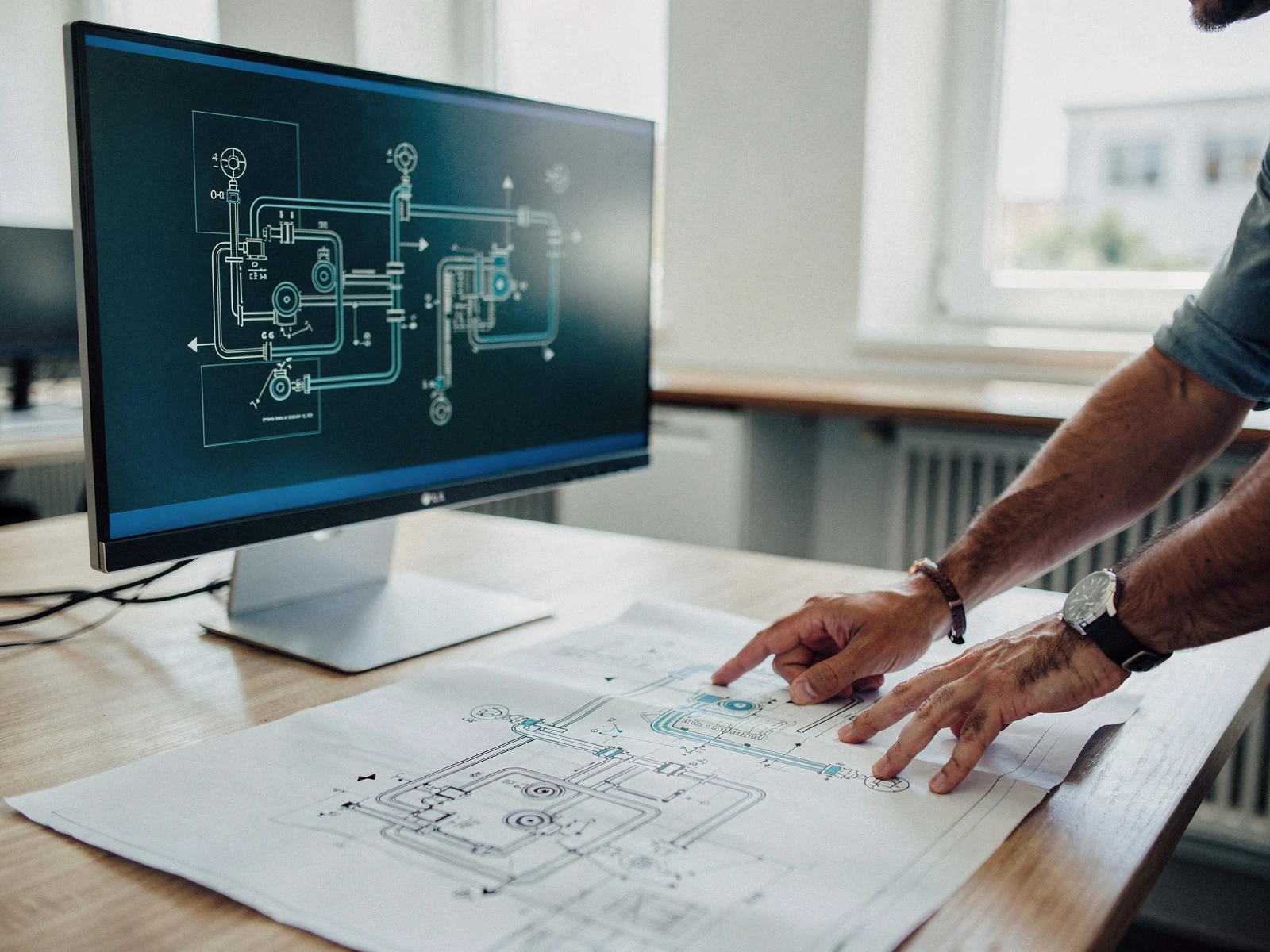 Hydraulisches Schema auf einem Bildschirm, Hände auf einem technischen Plan im Planungsbüro