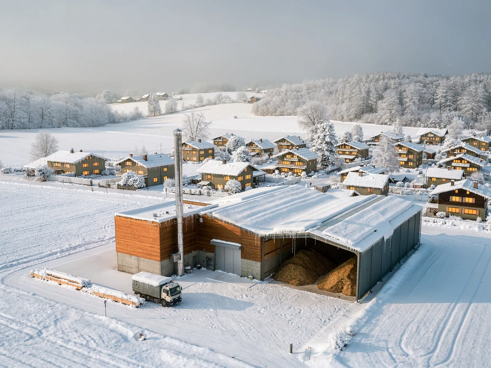 Holzheizzentrale am Rand eines Schweizer Dorfes mit Schnitzellager, Anlieferung und Photovoltaik auf dem Dach, im Winter
