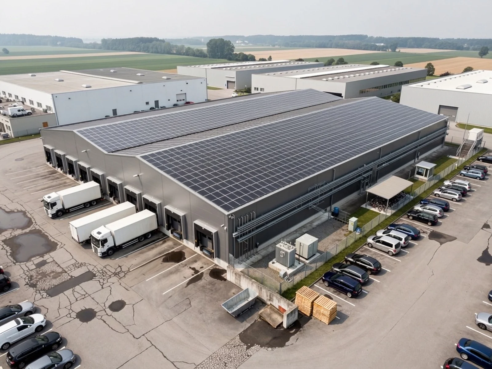 Luftaufnahme einer grossen Gewerbehalle mit vollflächiger Photovoltaik, Laderampe mit Lastwagen und Trafostation auf dem Areal