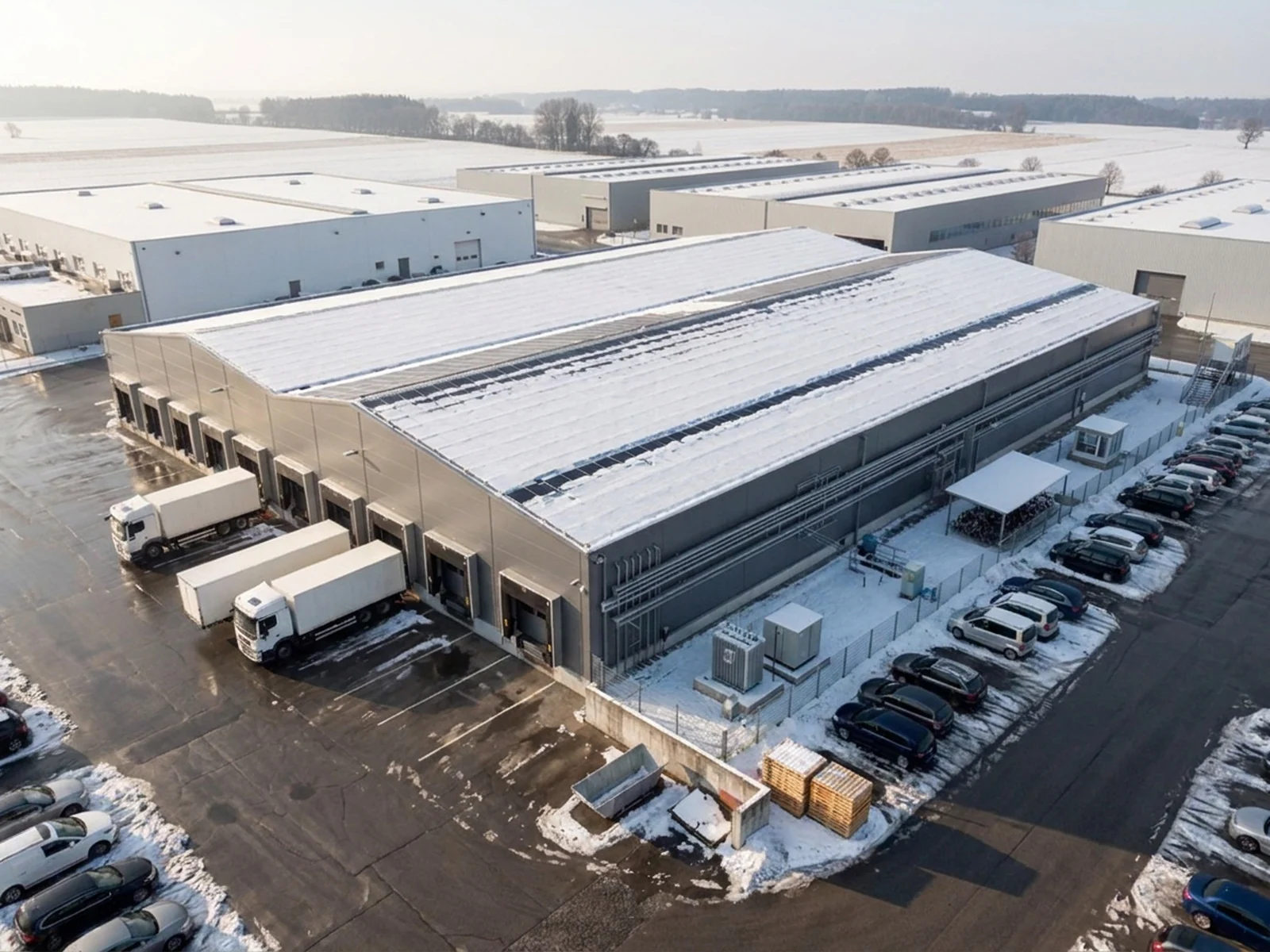 Luftaufnahme einer grossen Gewerbehalle mit vollflächiger Photovoltaik, Laderampe mit Lastwagen und Trafostation auf dem Areal, im Winter