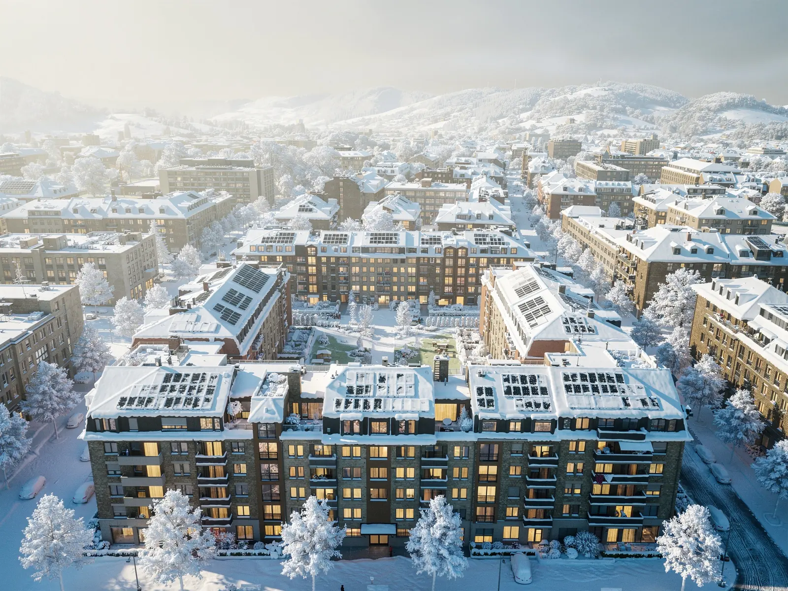 Luftaufnahme eines Schweizer Immobilienportfolios mit ruhiger Dachlandschaft und Photovoltaikanlagen, im Winter