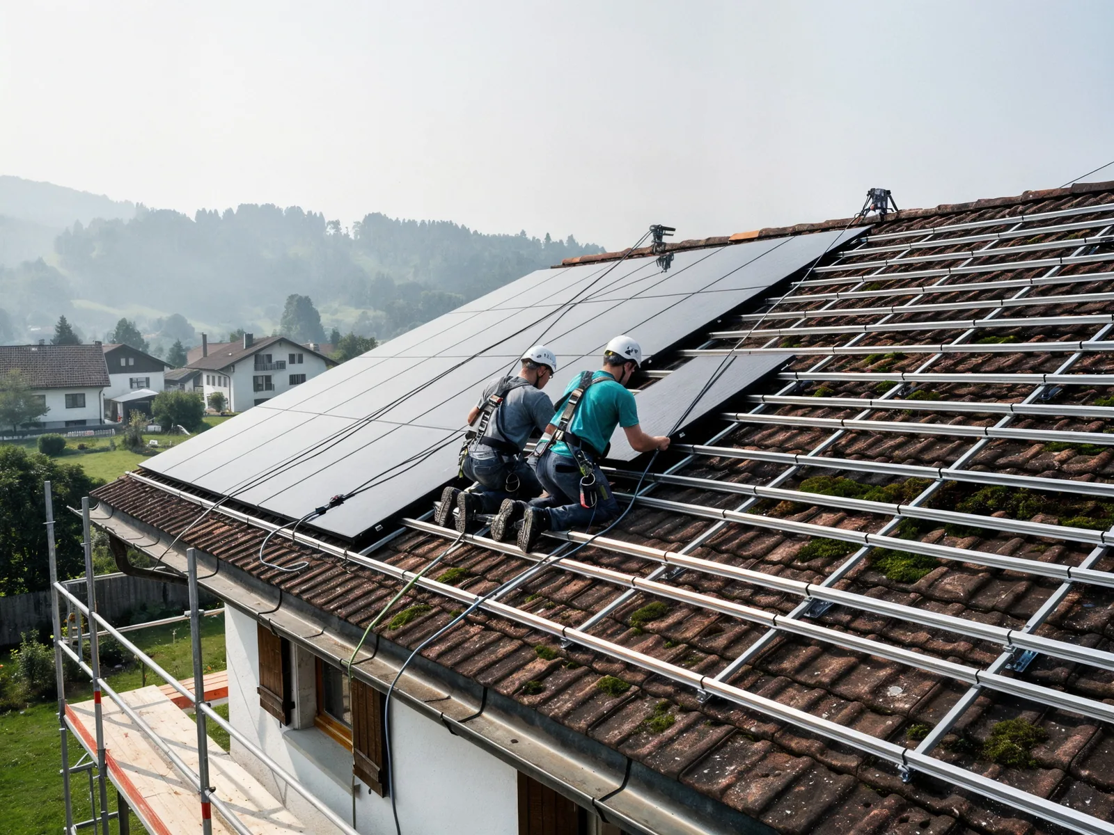 Zwei Monteure mit Helm und Auffanggurt montieren Solarmodule auf einem Ziegeldach, Gerüst mit Geländer an der Traufe