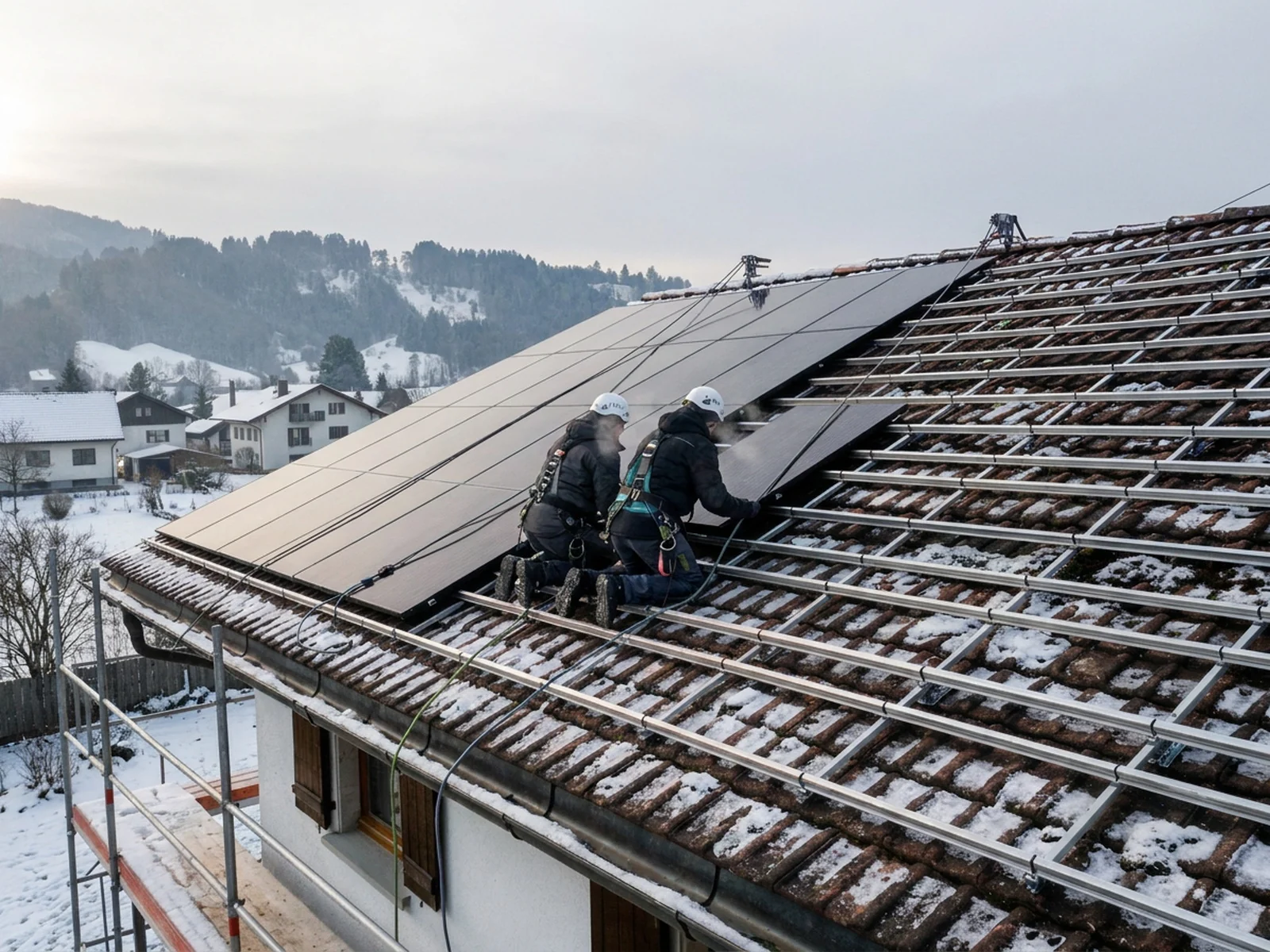 Zwei Monteure mit Helm und Auffanggurt montieren Solarmodule auf einem Ziegeldach, Gerüst mit Geländer an der Traufe, im Winter