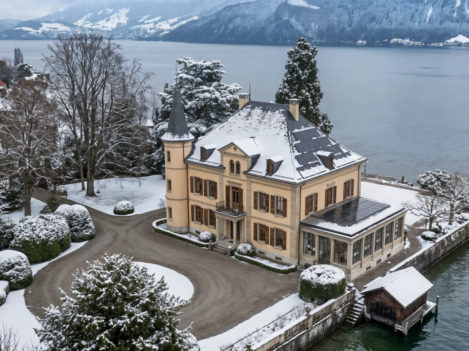 Herrschaftliches Schweizer Anwesen am Seeufer mit Eckturm und Orangerie, Photovoltaik flächenbündig im Schieferdach, Park mit alten Bäumen und Kiesvorfahrt, im Winter